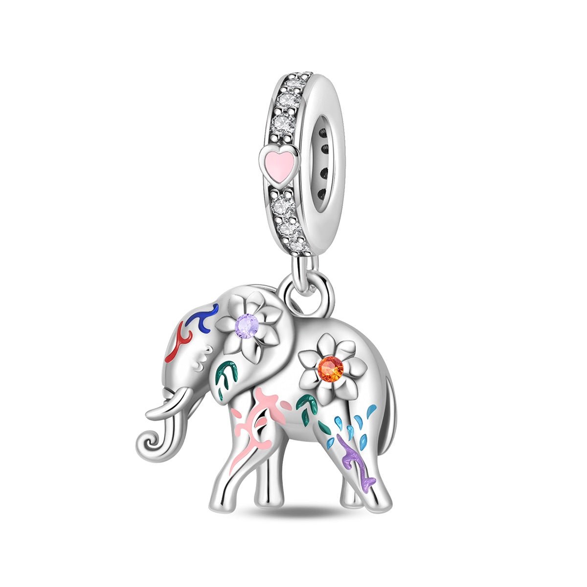 Colorful Elephant with Floral Accents Dangle Charm