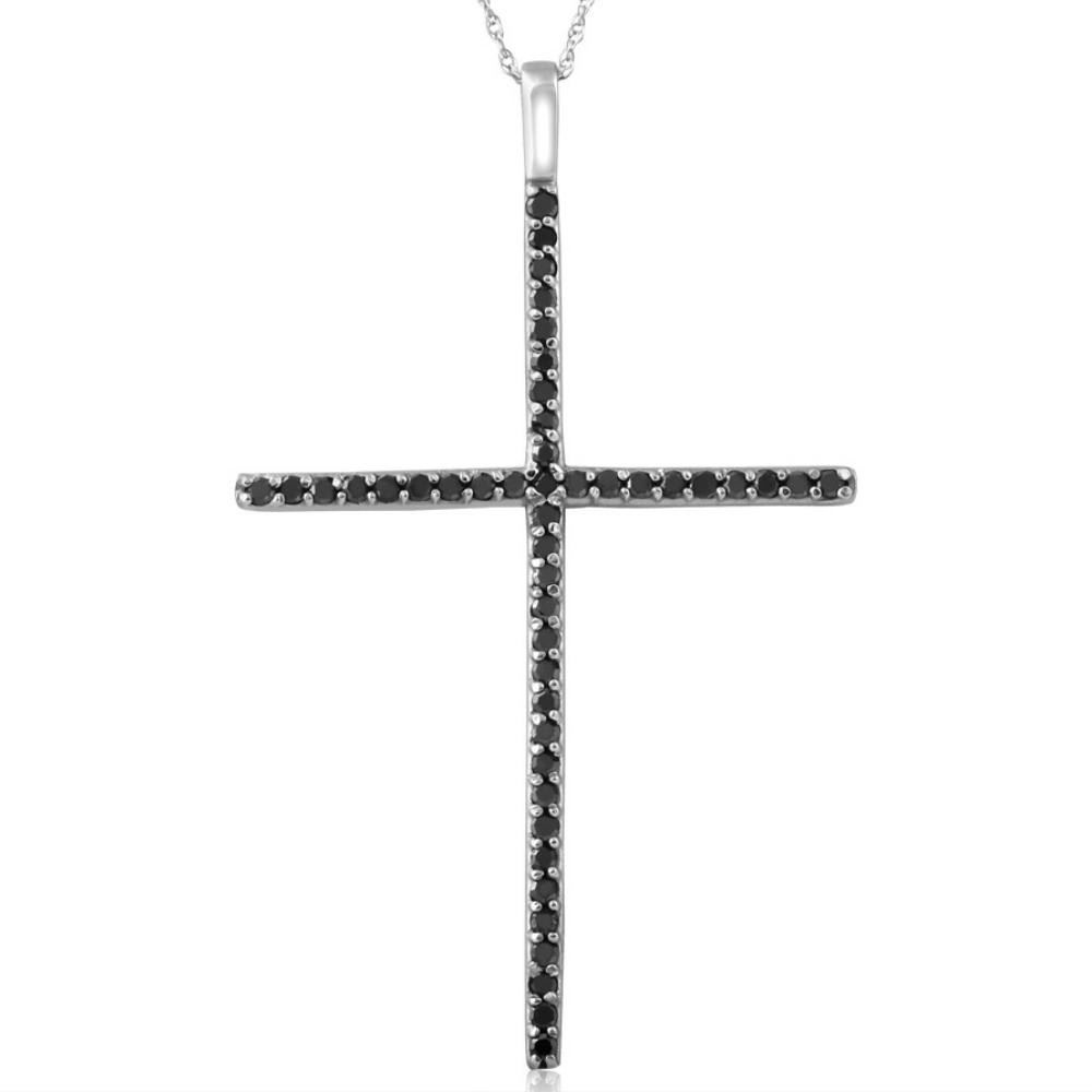 White Gold 1/2ct Black Diamond Cross Pendant Necklace