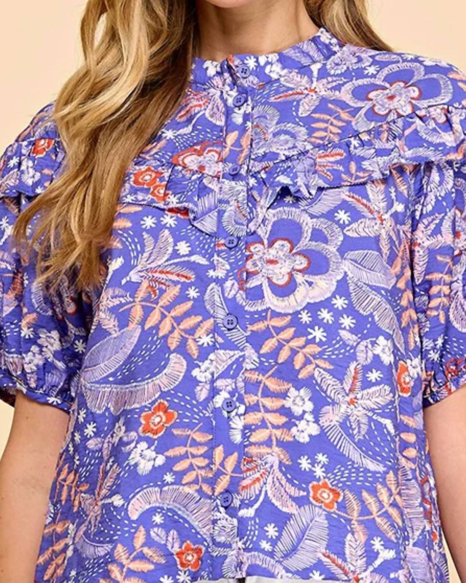 Button Up Floral Ruffle Blouse In Purple