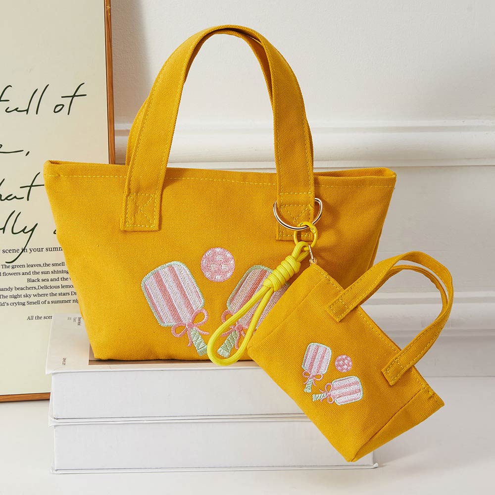 Pickleball Paddle Embroidered Mini Canvas Tote Bag Keychain Bag Charm