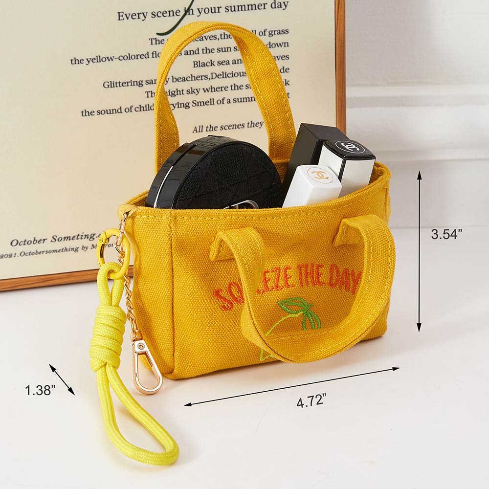 Squeeze Day Lemon Embroidered Mini Canvas Tote Bag Keychain Bag Charm
