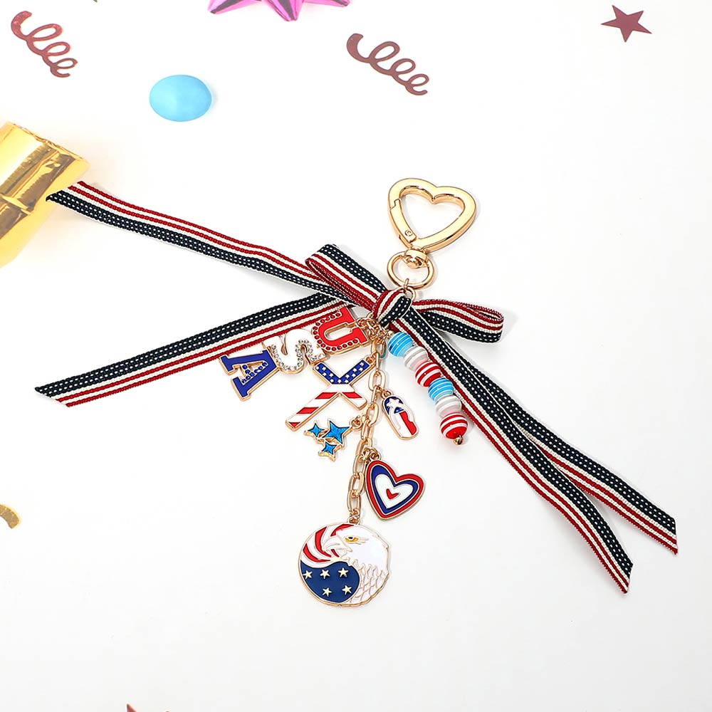 American USA Flag Bow Heart Cross Eagle Charm Drop Keychain Bag Charm