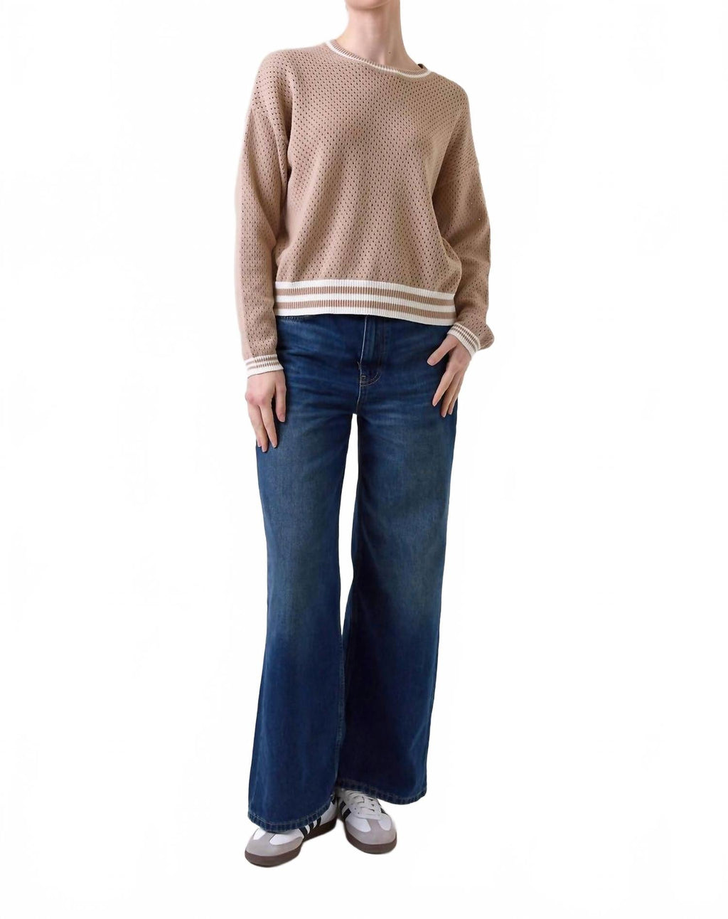 Vanessa Stripe Detail Crew Sweater In Light Brown/ivory