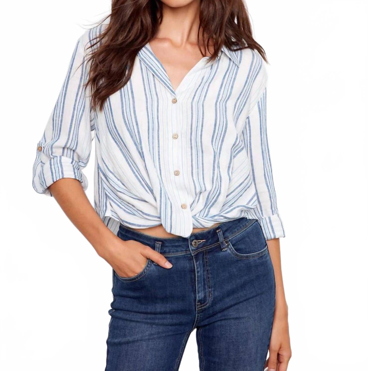 Striped Linen Blend Shirt With Front Twist In Denim