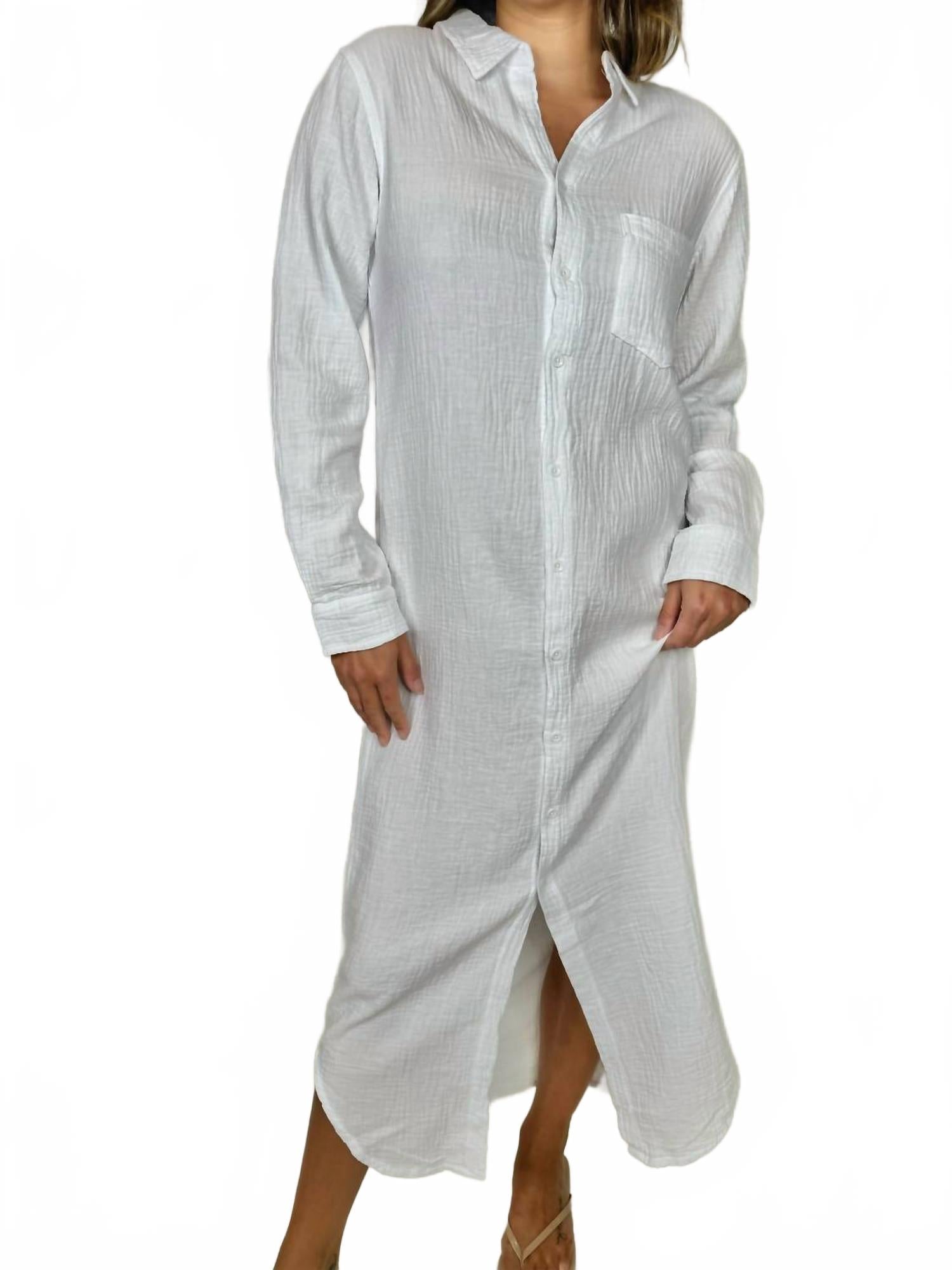 Button Front Maxi Shirt Dress In White