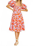 Floral Smocked Midi Dress With Bubble Sleeves In Lavender/orange