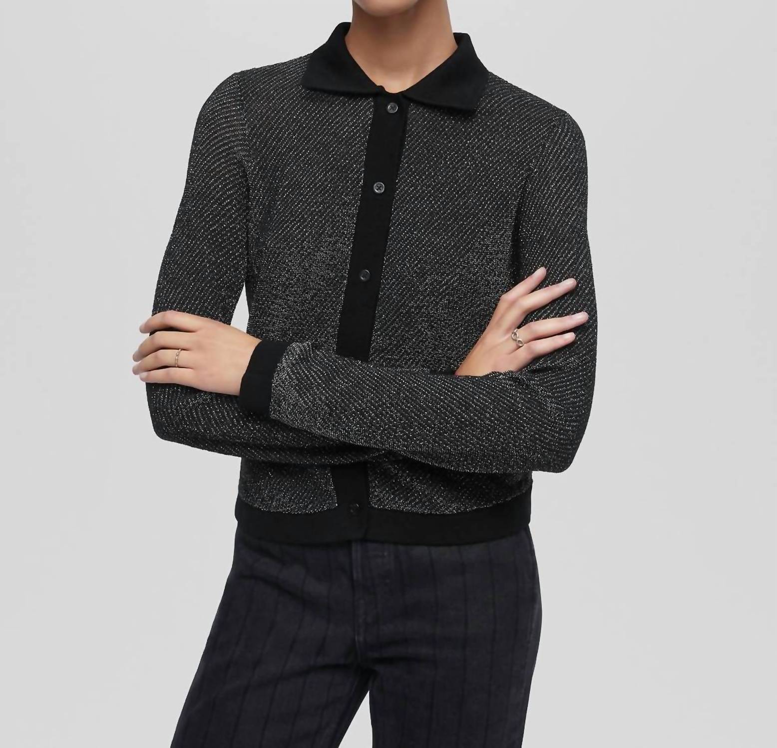 Lurex Polo Cardigan In Black/silver