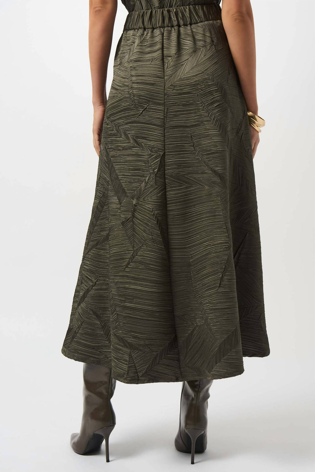 Pleated Satin Long Flared Skirt In Avocado