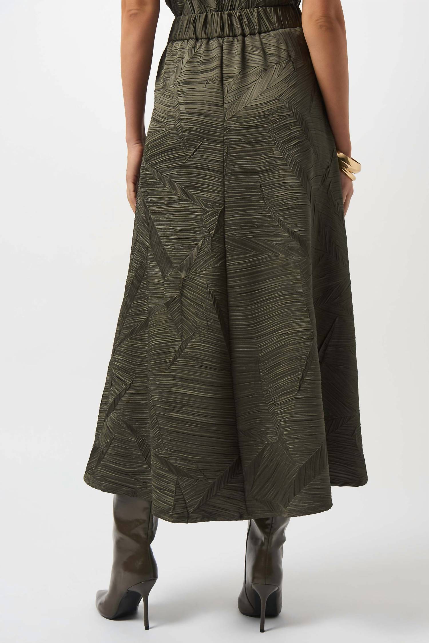 Pleated Satin Long Flared Skirt In Avocado