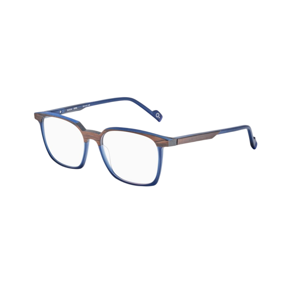 Borja Wood-Textured Rectangular Eyeglasses with Blue Accents