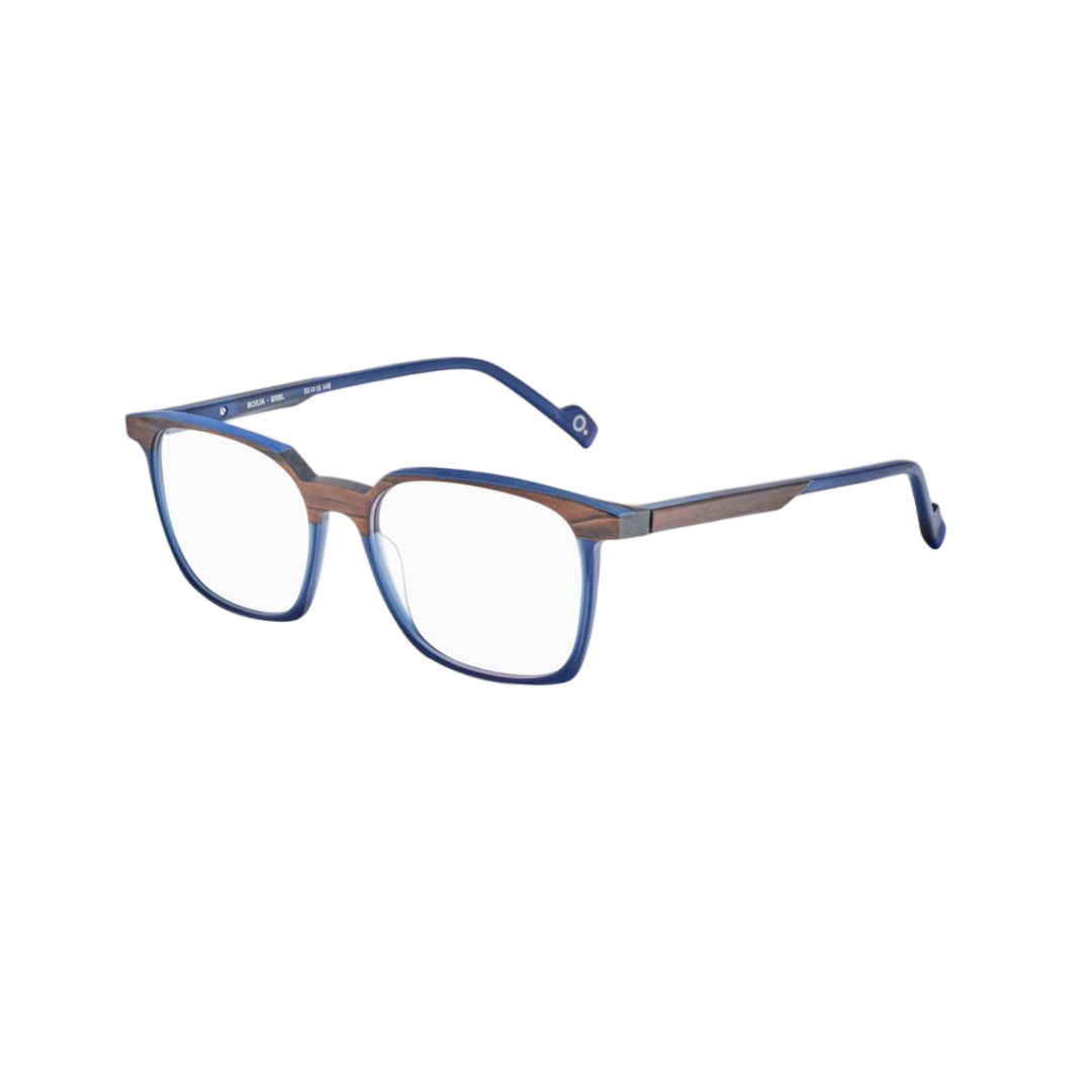 Borja Wood-Textured Rectangular Eyeglasses with Blue Accents