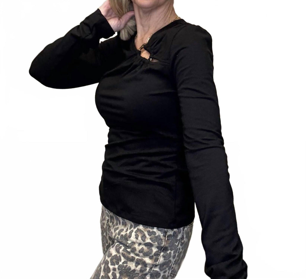 Ring Detail Long Sleeve Top In Black