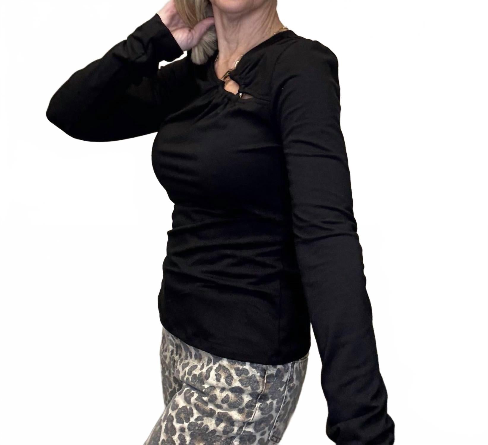 Ring Detail Long Sleeve Top In Black