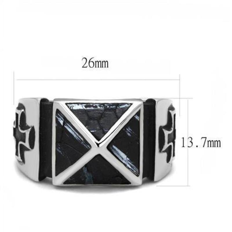 High polished (no plating) Stainless Steel Ring with Leather in Jet