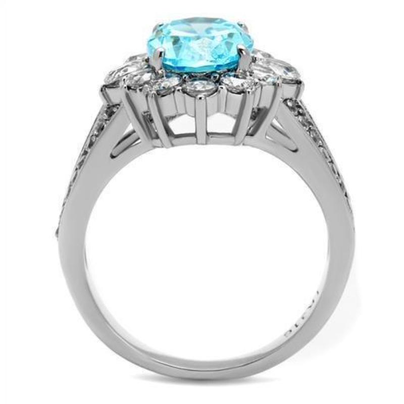 High polished (no plating) Stainless Steel Ring with AAA Grade CZ in Sea Blue