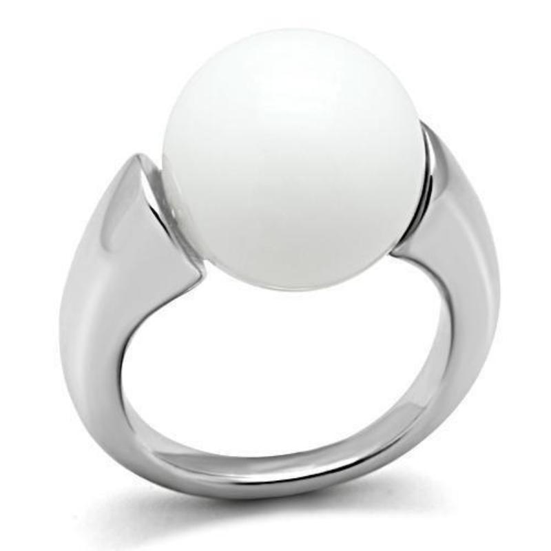 Rhodium Brass Ring with Synthetic Glass Bead in White