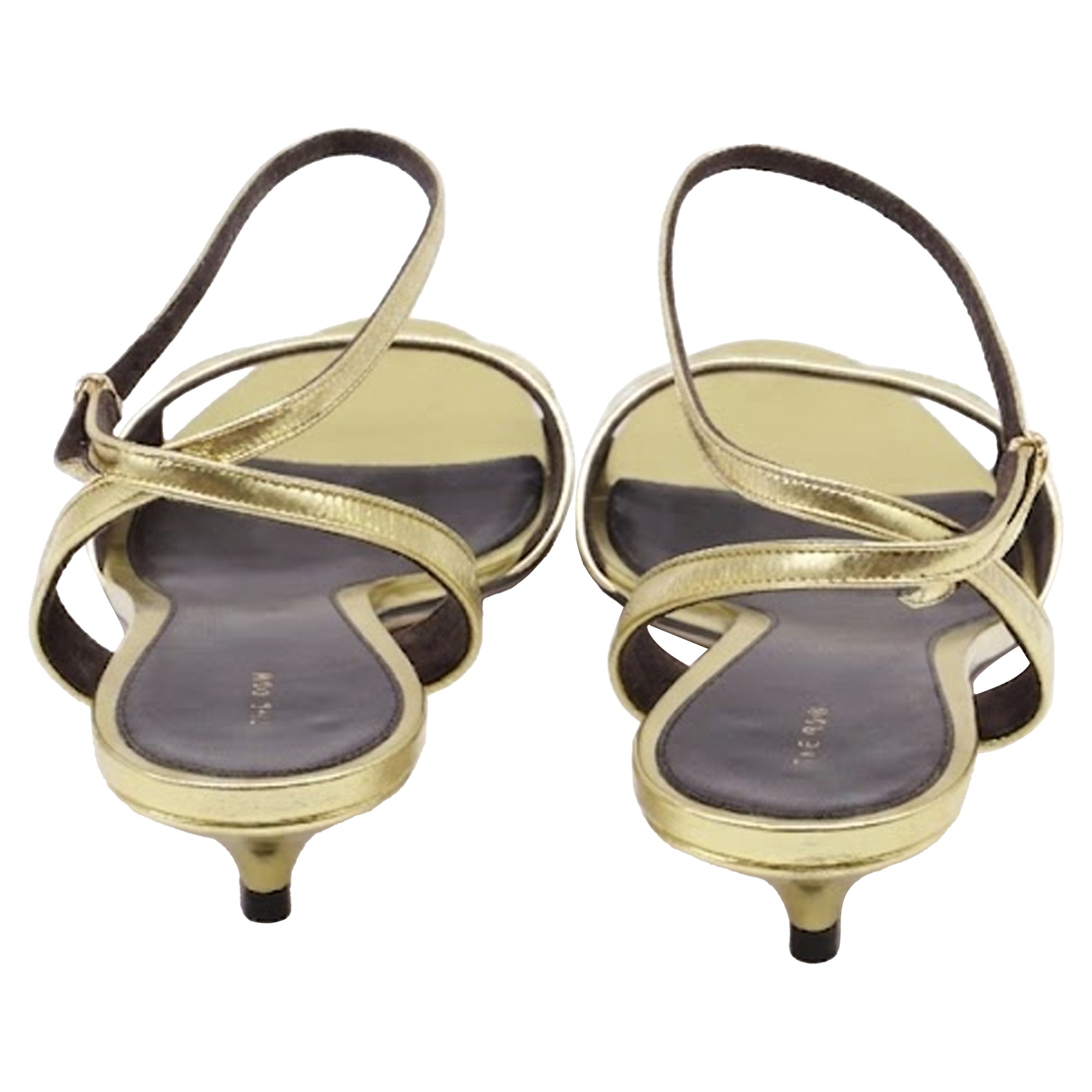 The Row Vika Ankle Strap Kitten Heeled Sandals in Gold Leather
