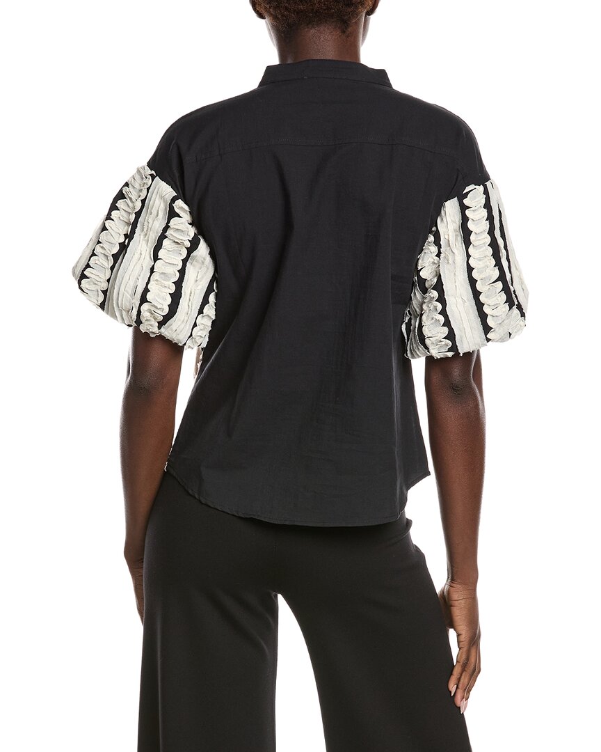 Gracia Embroidered Band V-Neck Puffed Sleeve Top