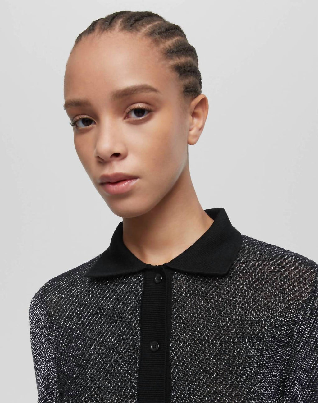 Lurex Polo Cardigan In Black/silver