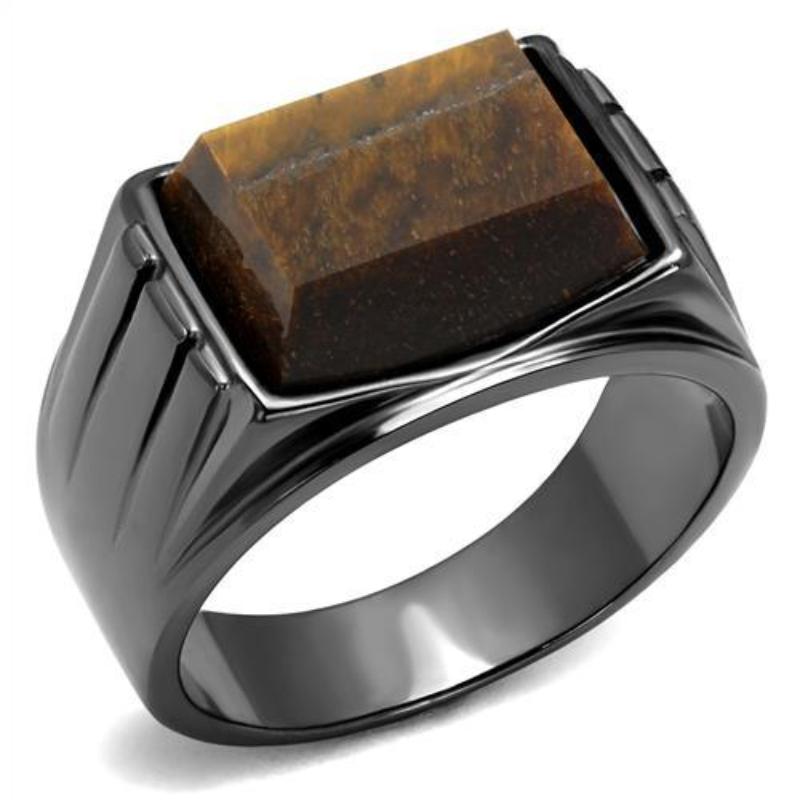 IP Light Black Stainless Steel Ring with Synthetic Tiger Eye in Topaz