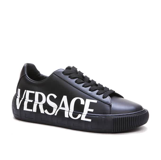 Versace Men's Black Leather Greca Logo Low-Top Sneakers