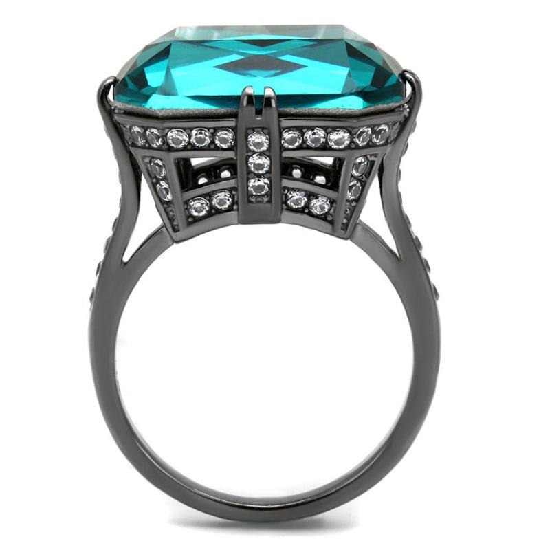IP Light Black Stainless Steel Ring with Top Grade Crystal in Blue Zircon