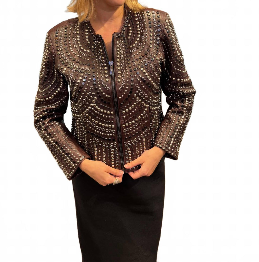Women's Leather Studded Jacket In Burgundy