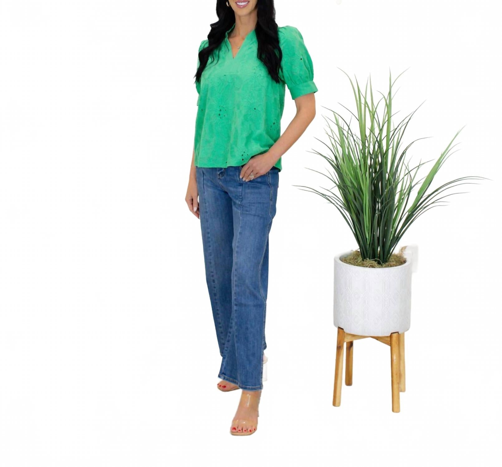 Floral Embroidered V-Neck Puff Sleeve Top In Green