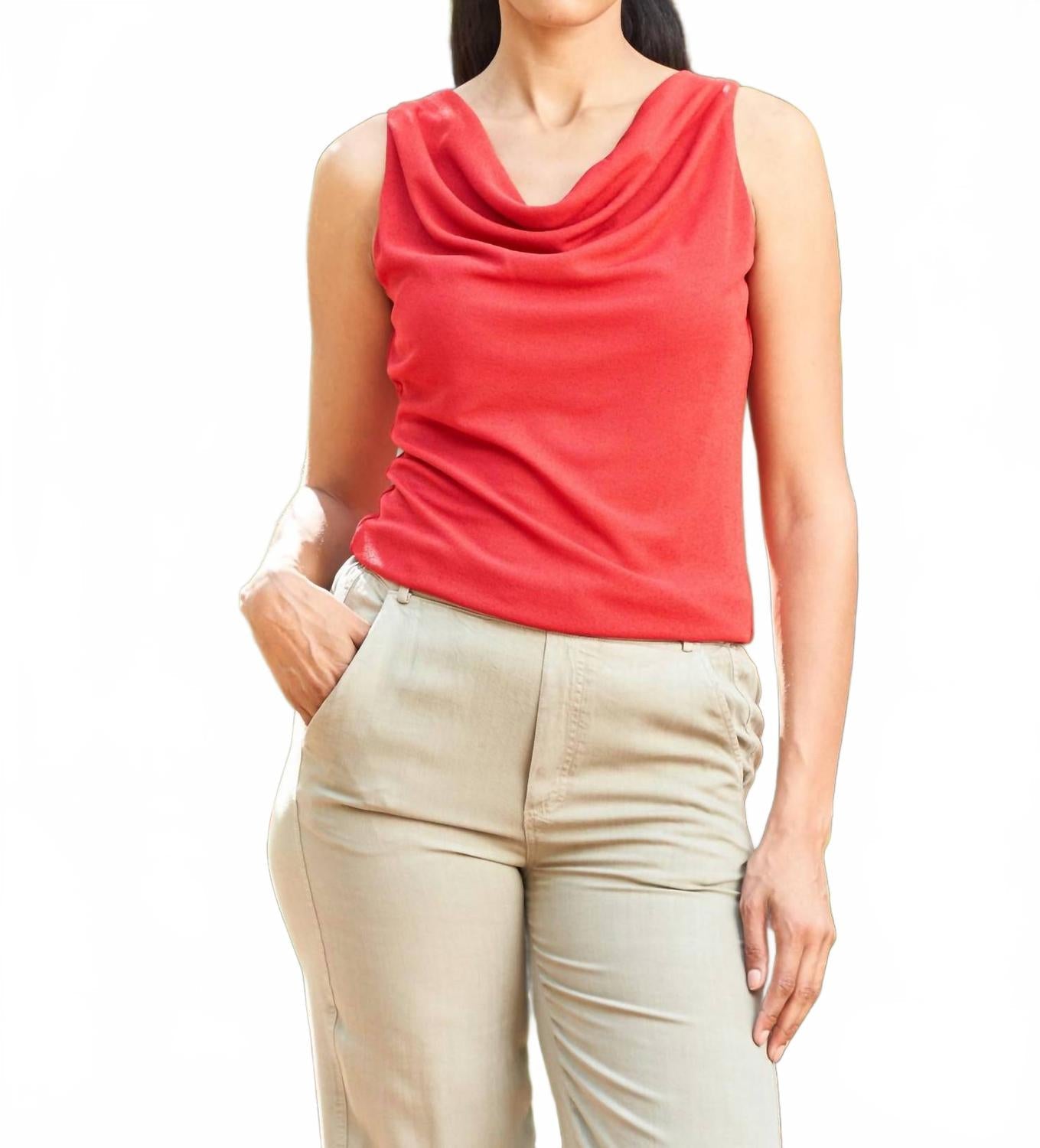 Rib Knit Cowl Neck Solid Tank Top In Red