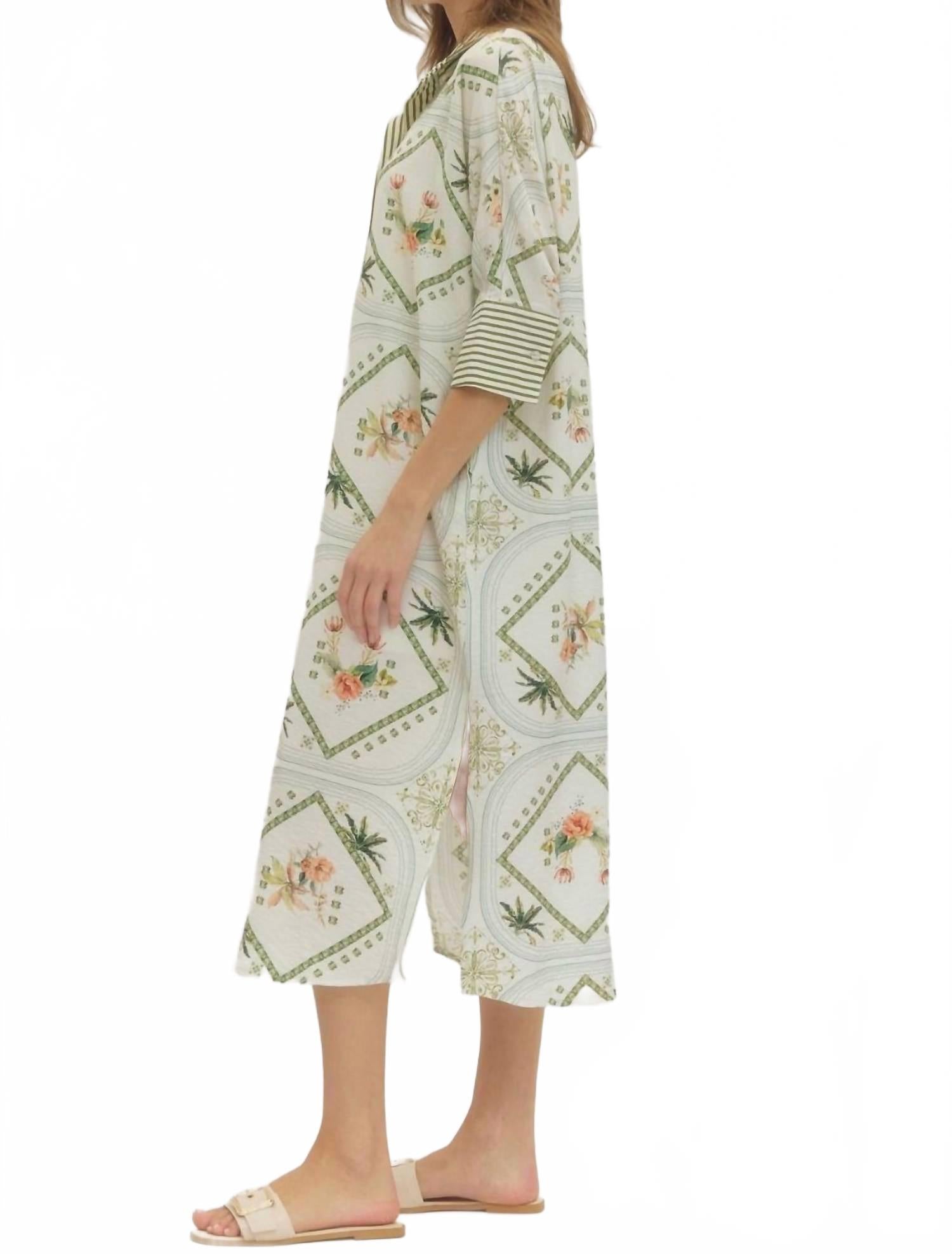 Scarf Print Three Quarter Sleeve Midi Dress In Green