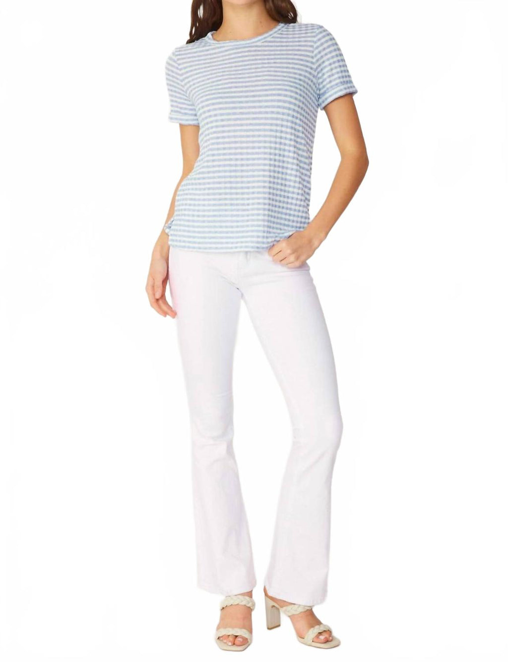 Stripe Ribbed Knit Short Sleeve Top In Light Blue