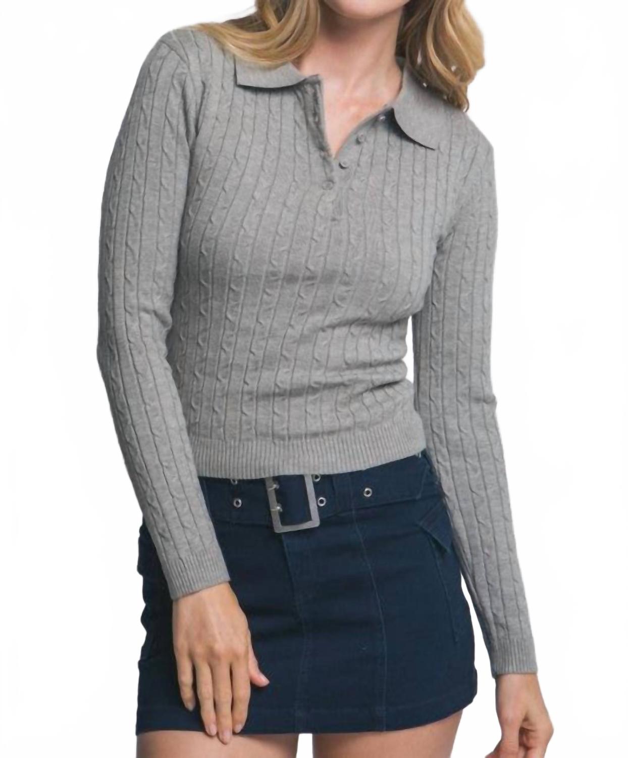 Cable Knit Polo Sweater Top In Grey