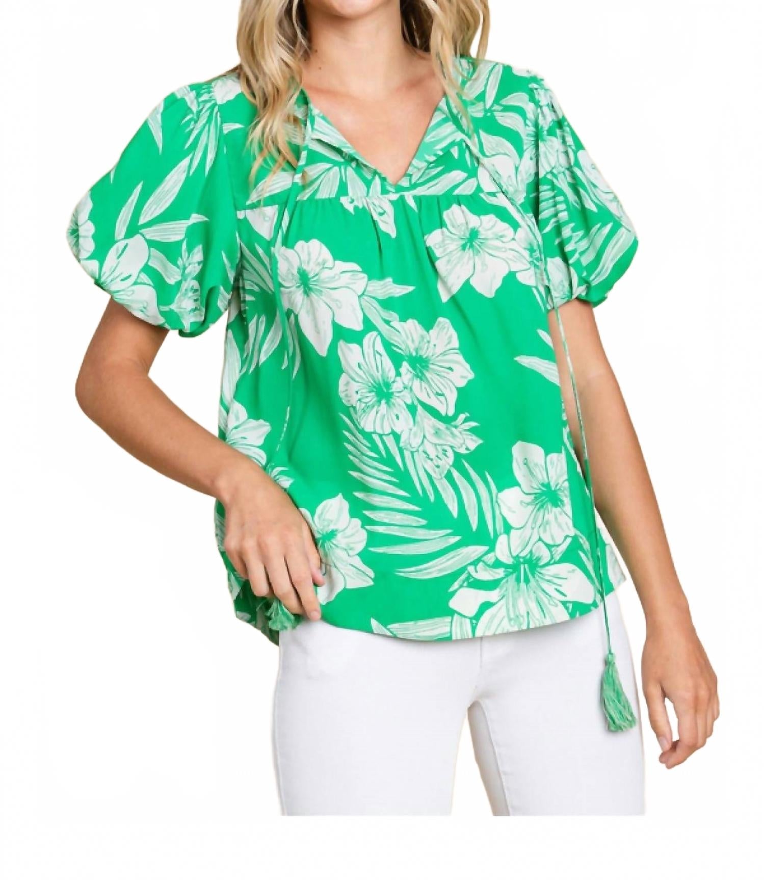 Island Vibes Hawaiian Floral Shirt With Puff Sleeves In Green & White