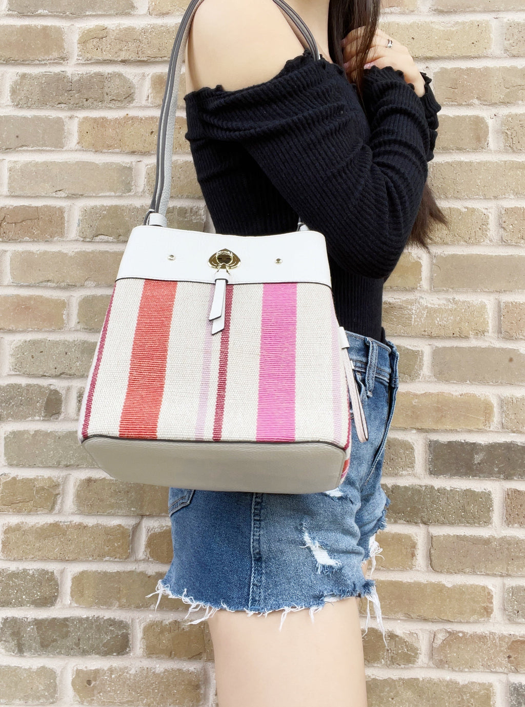 Kate Spade Stripe Appliqué Small Bucket Bag Shoulder Tote Crossbody Multi Color