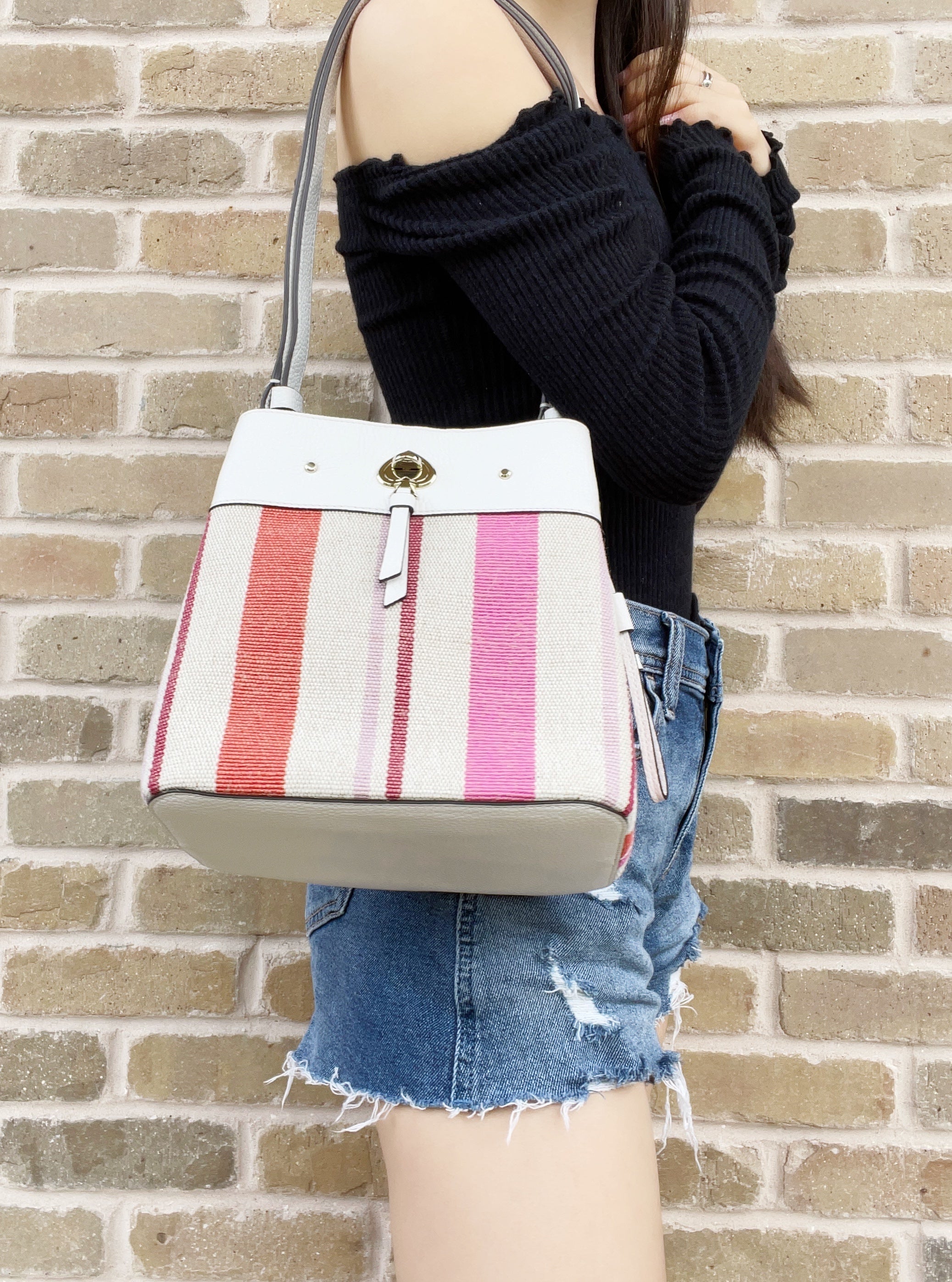 Kate Spade Stripe Appliqué Small Bucket Bag Shoulder Tote Crossbody Multi Color