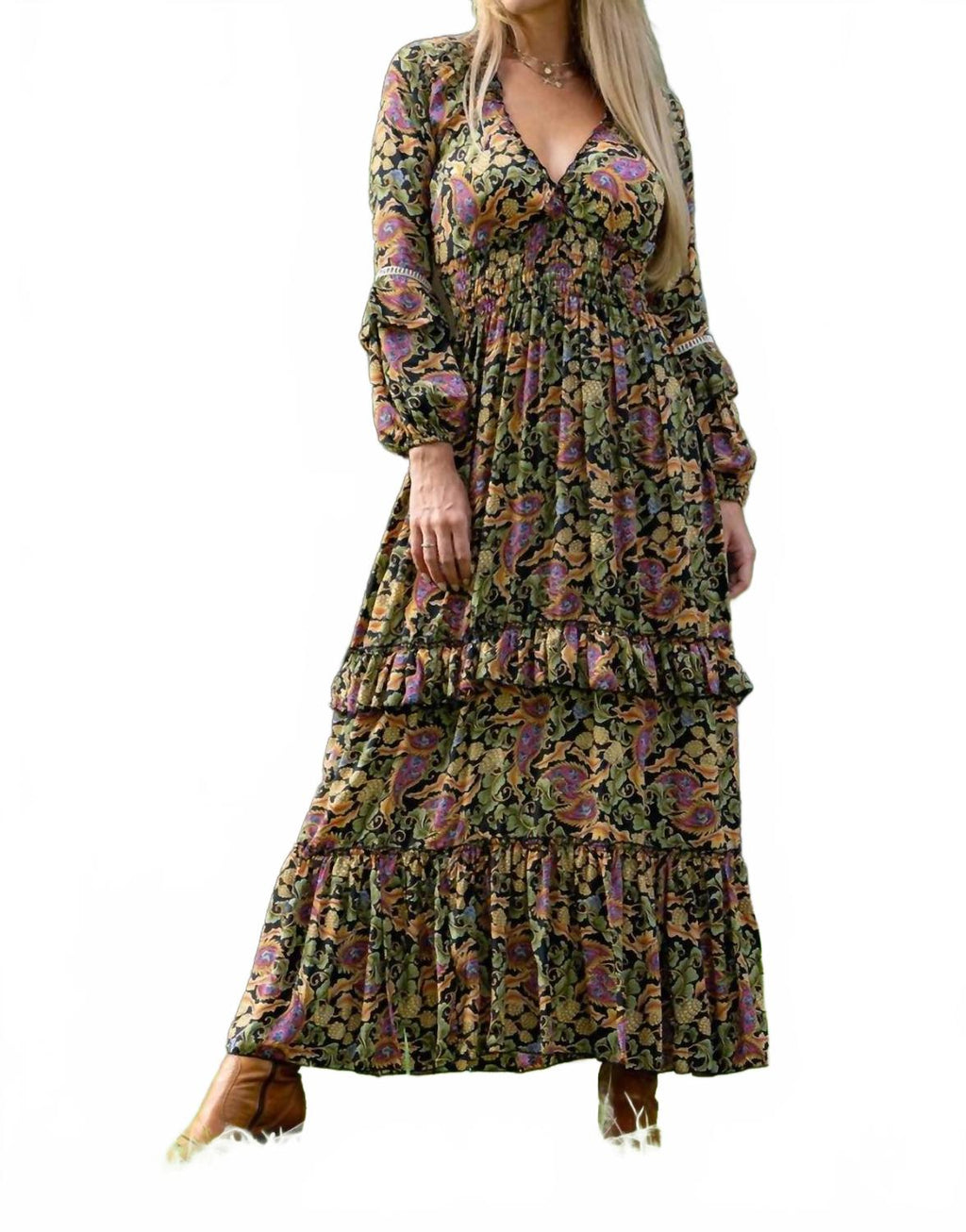 Verona Boho Maxi Dress In Green Multi
