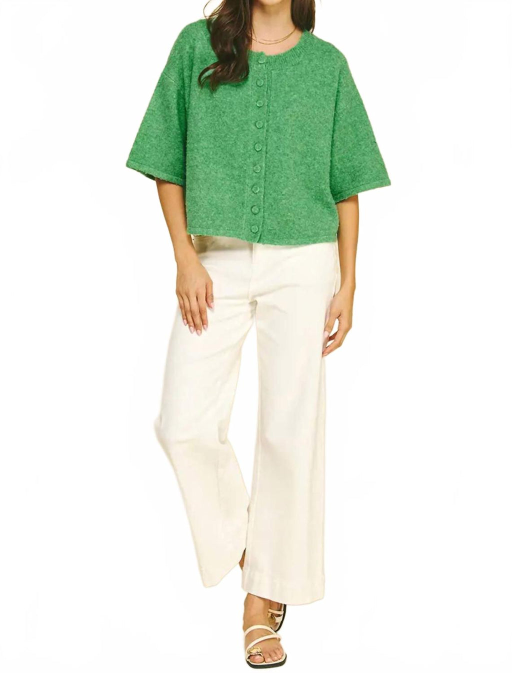 Abby Button Down Short Sleeve Sweater In Green