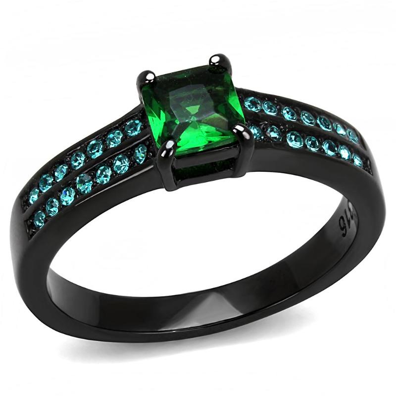 IP Black(Ion Plating) Stainless Steel Ring with Synthetic Synthetic Glass in Emerald