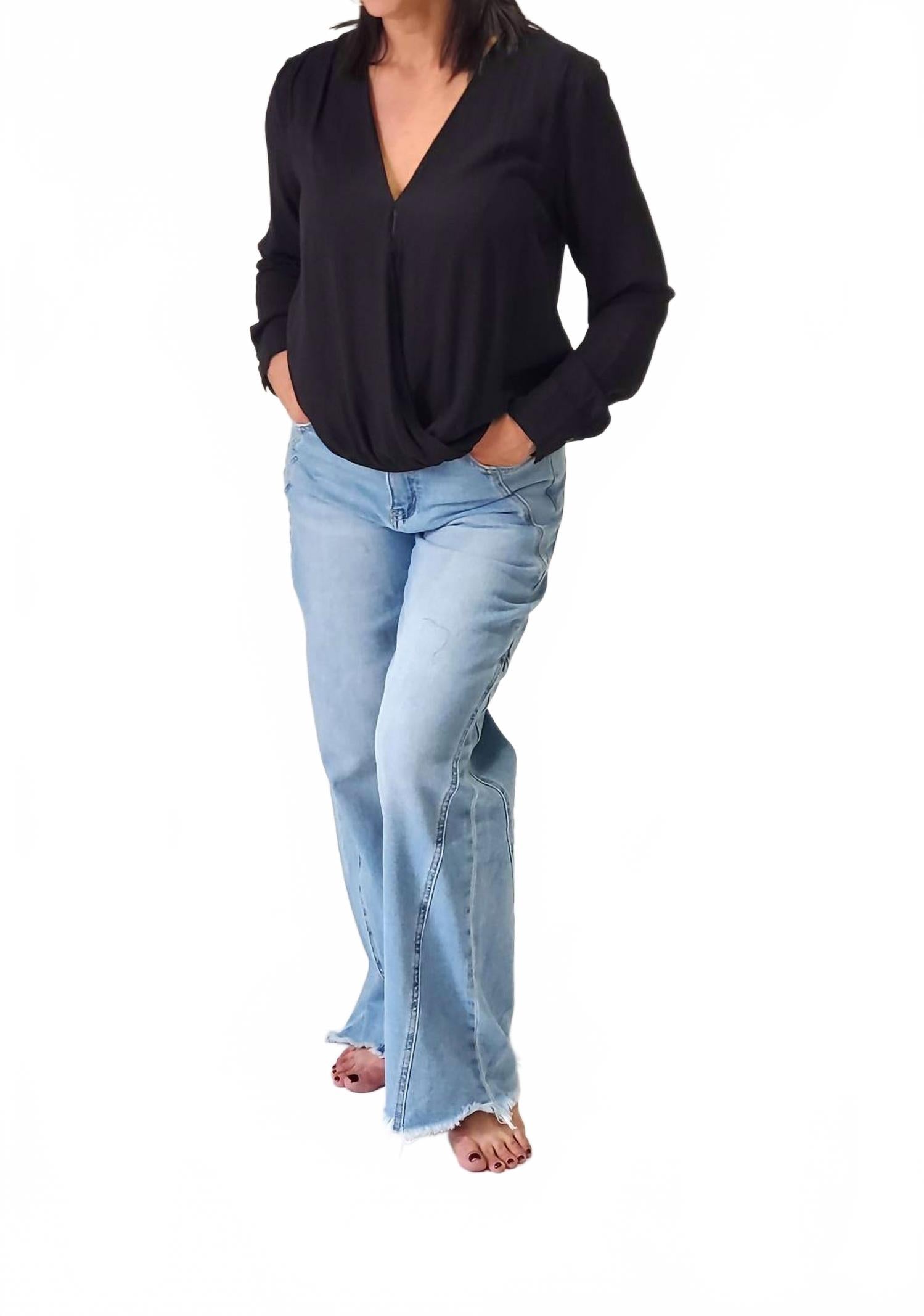 Pleated Surplice Cross Over Blouse In Black