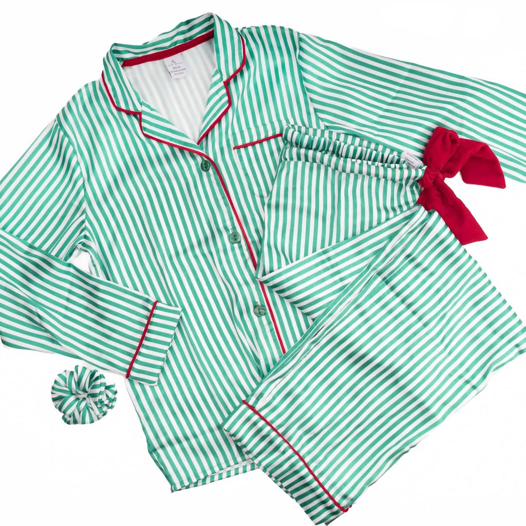 Satin Pajama Pant Set In Green Stripe