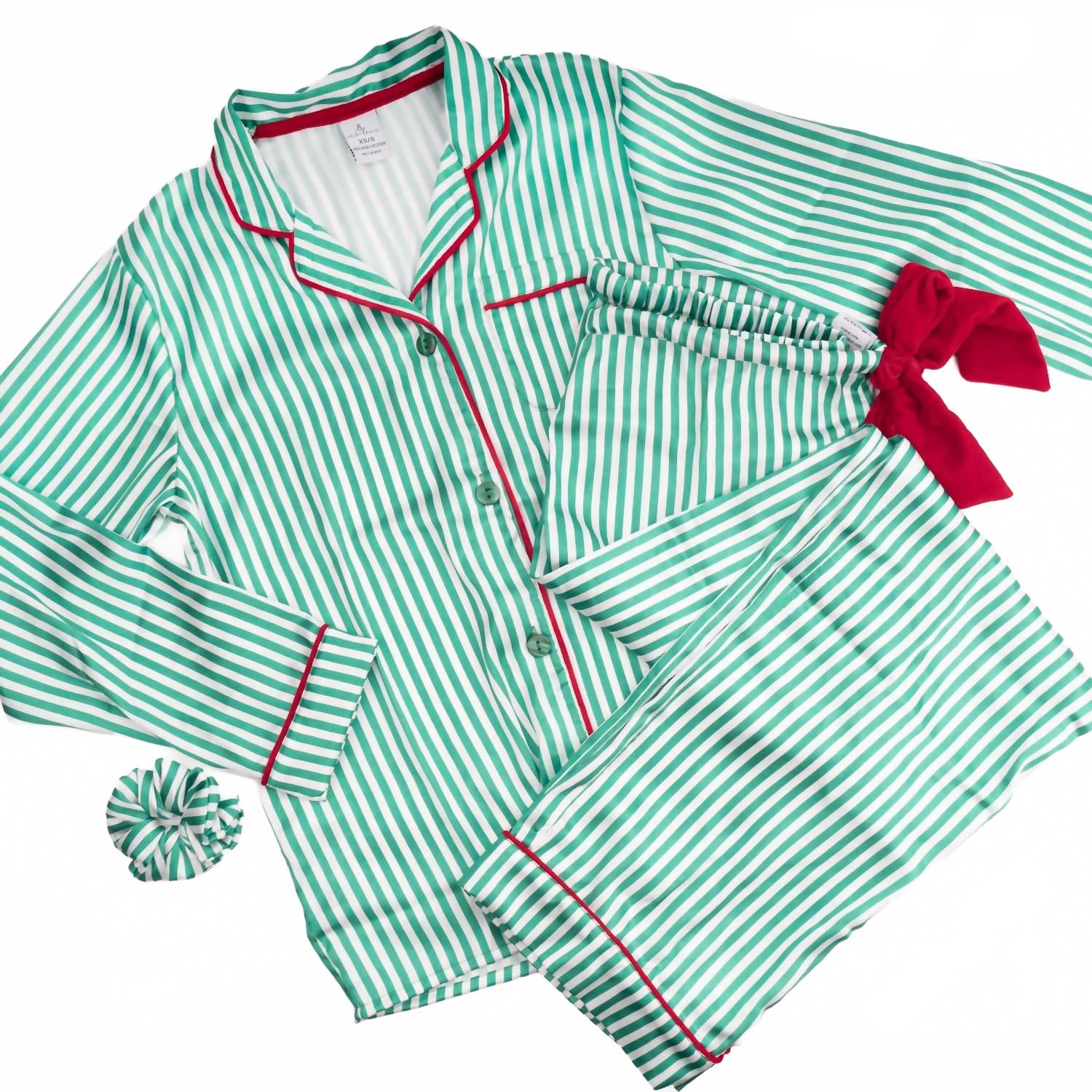 Satin Pajama Pant Set In Green Stripe