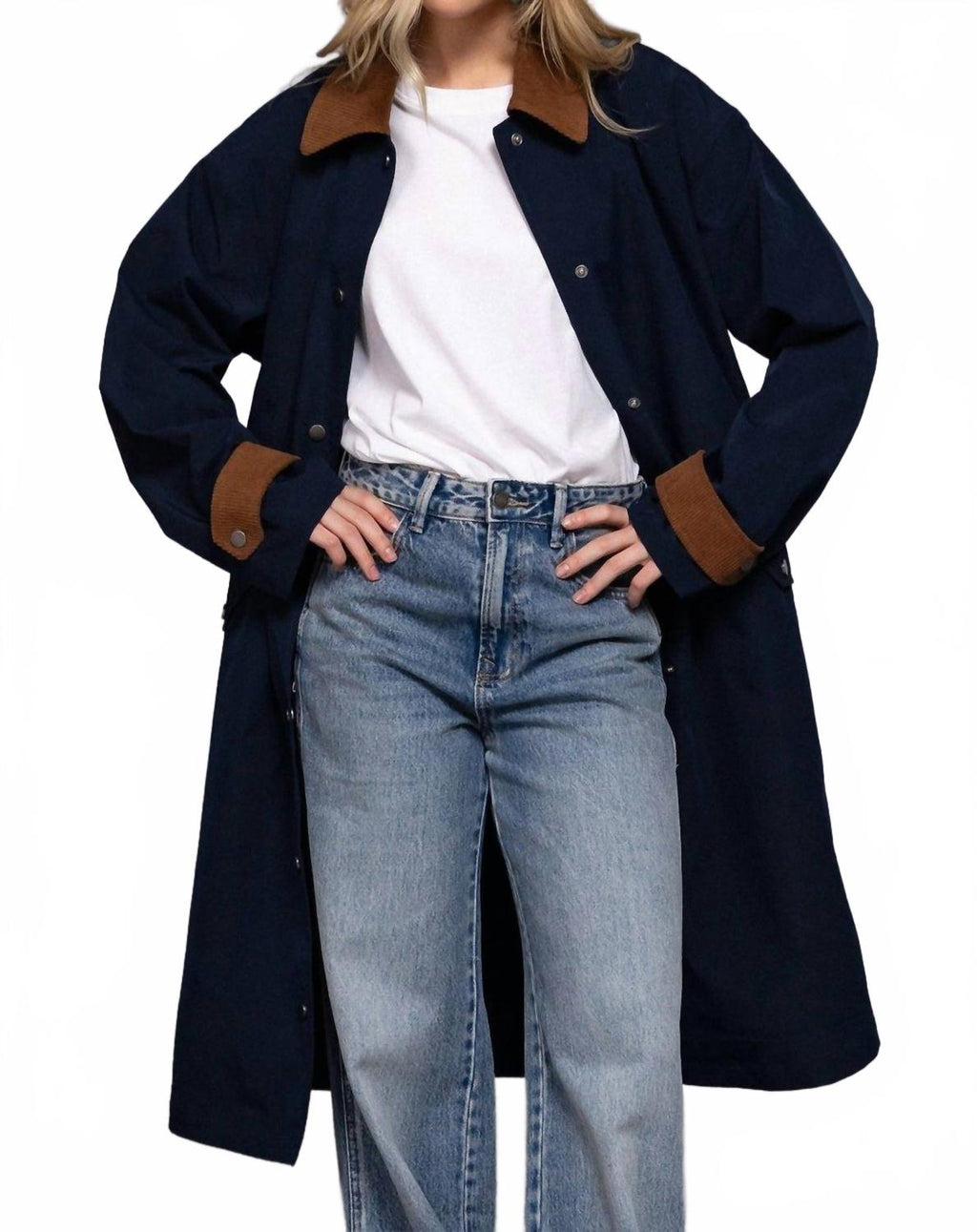 Long Sleeve Contrast Collar Button Down Trench Coat In Navy