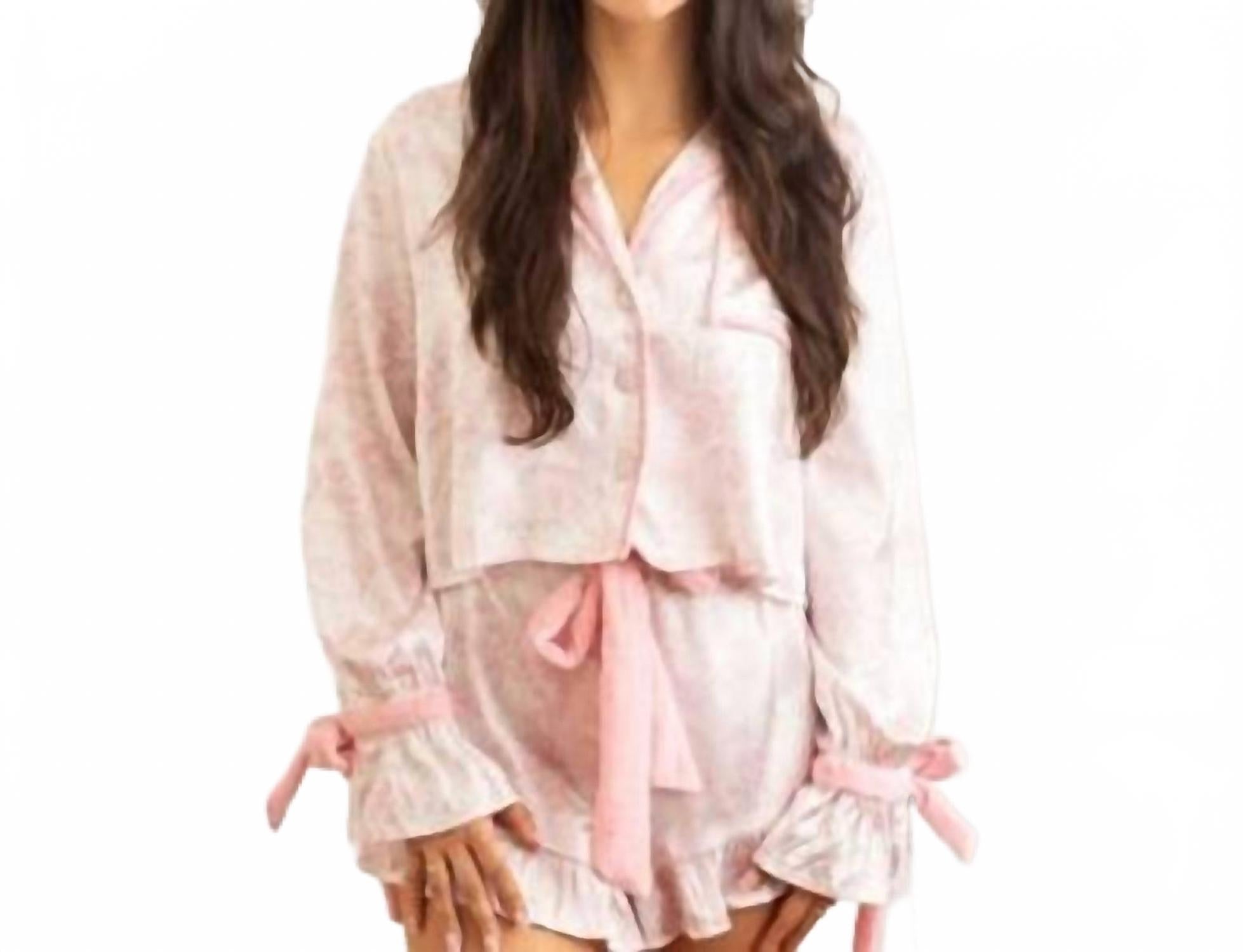 Lane Satin Ruffle Pajama Short Set In Pink Bow Toile