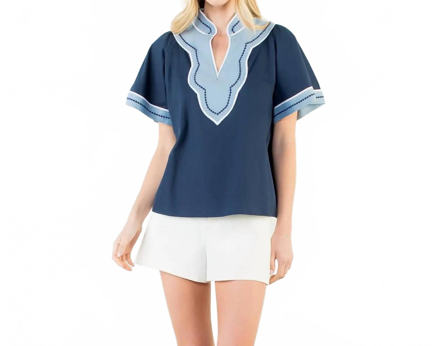 Wide Sleeve Contrast Trim V Neck Top In Blue