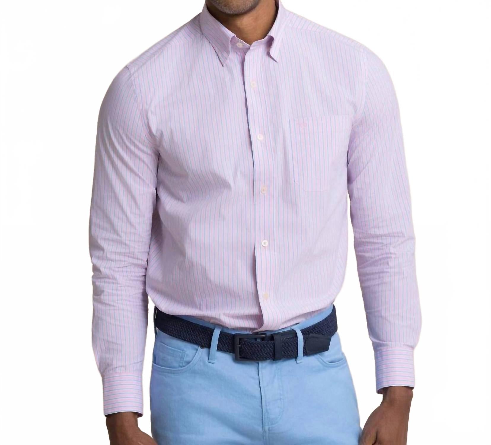 Amelia Island Stripe Charleston Sport Shirt In Sea Pink
