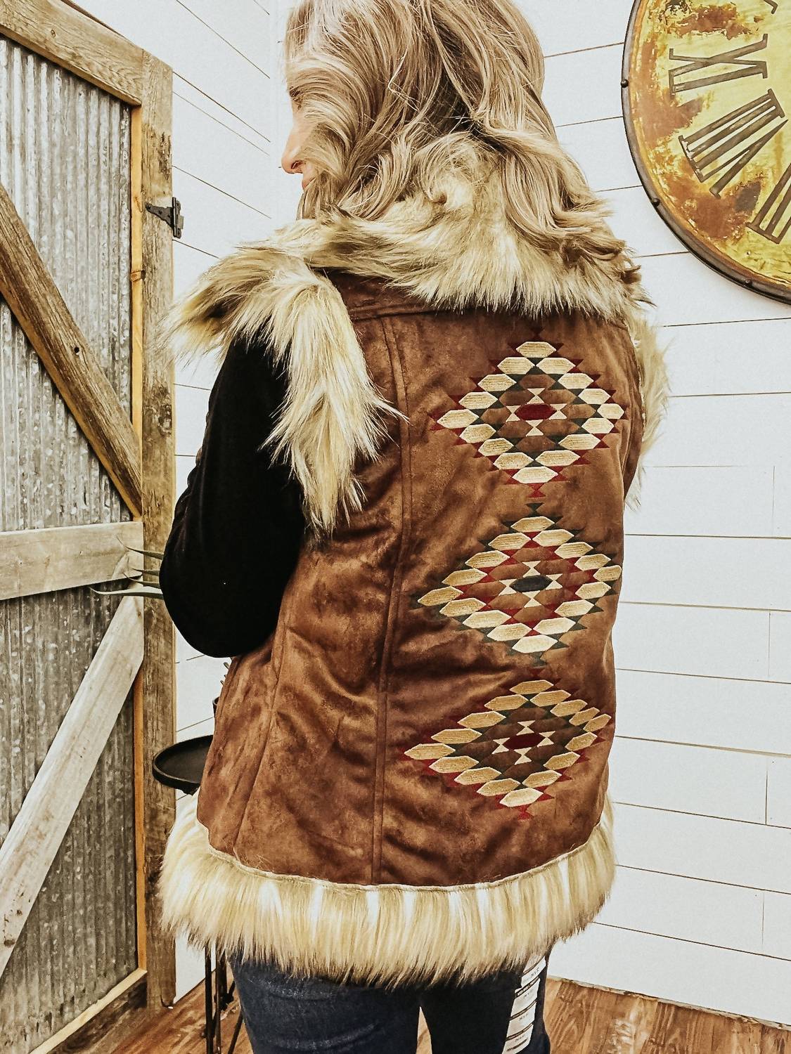 Chateau Embroidered Faux Suede And Fur Vest In Cedar