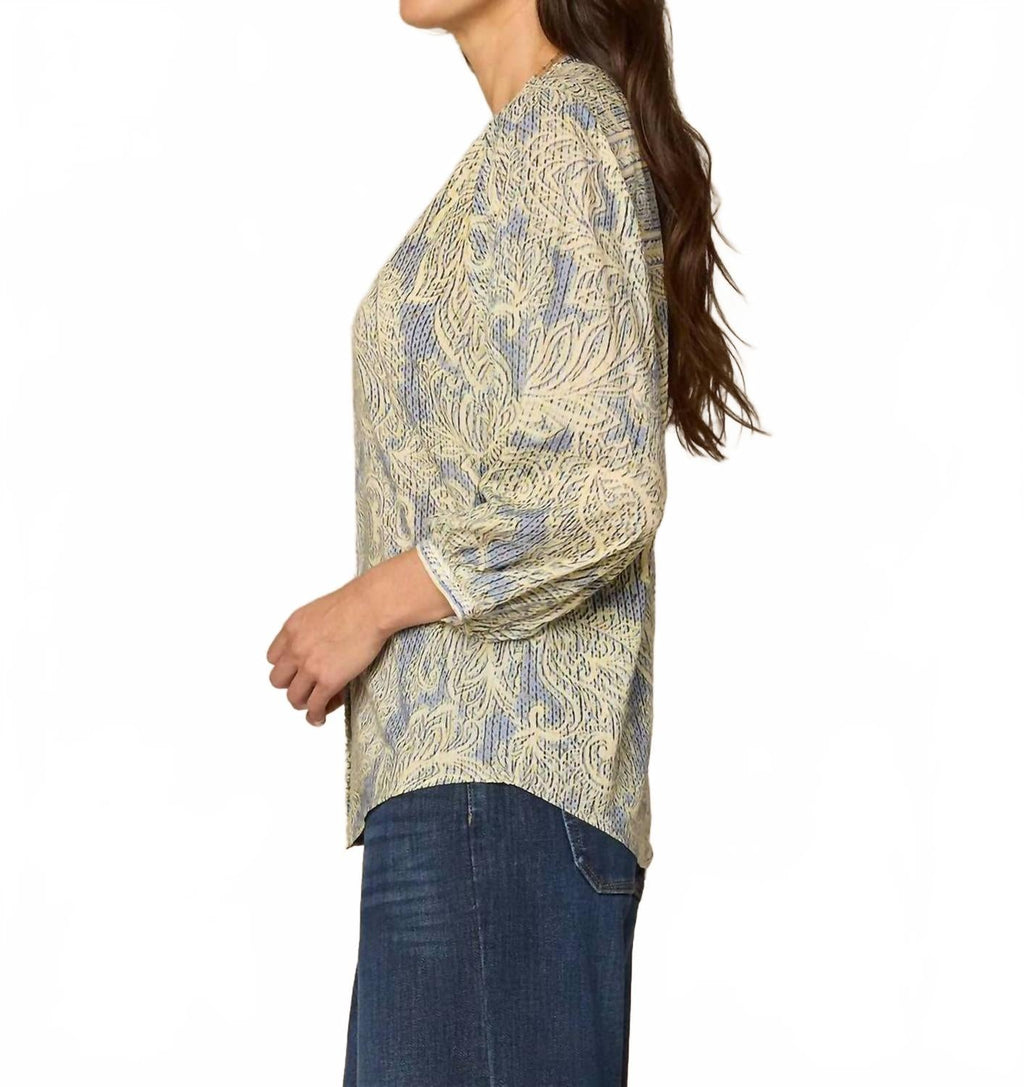 Pleated Button Down Blouson Sleeve Stand Collar Woven Top In Multicolor