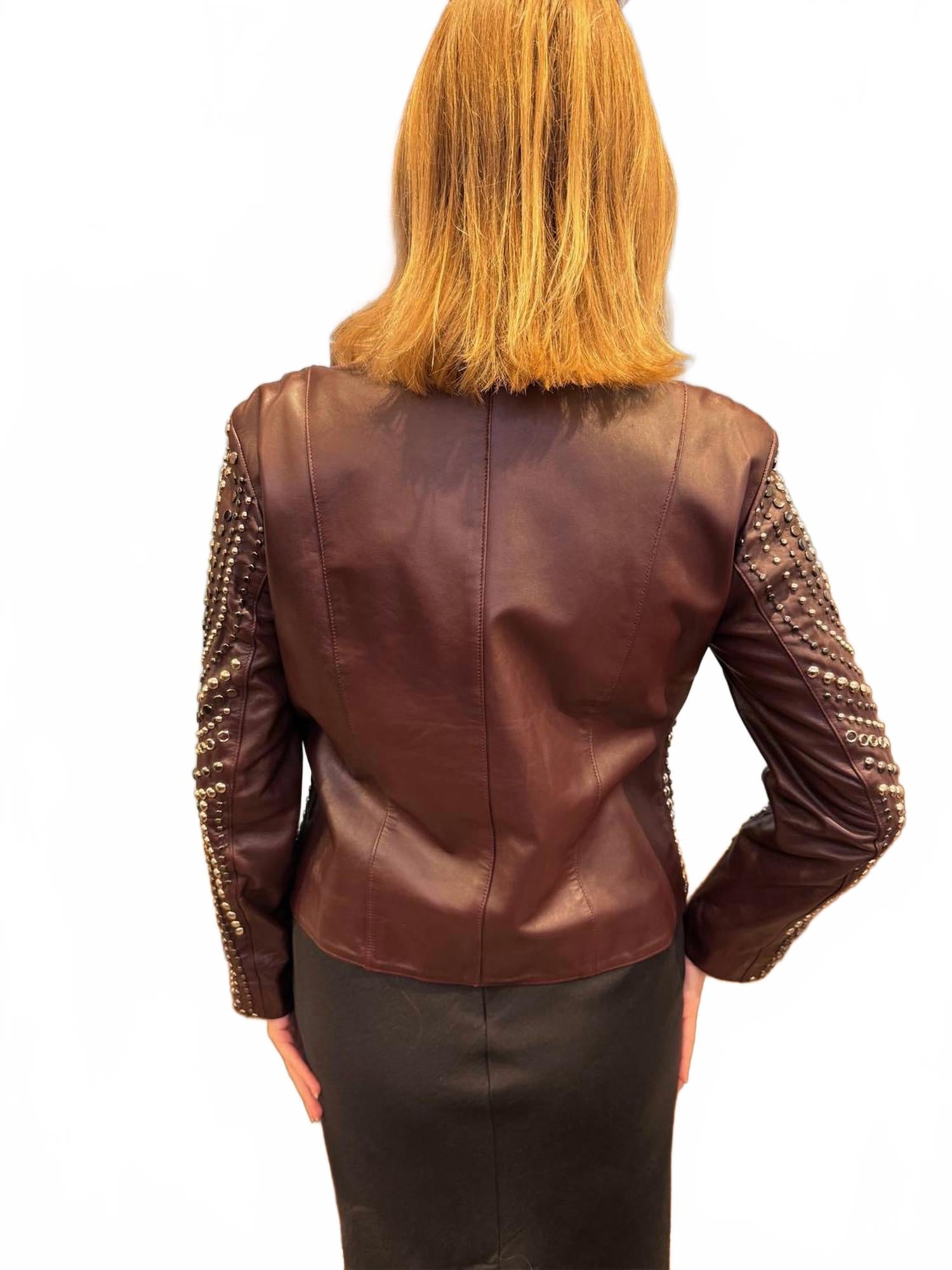 Women's Leather Studded Jacket In Burgundy