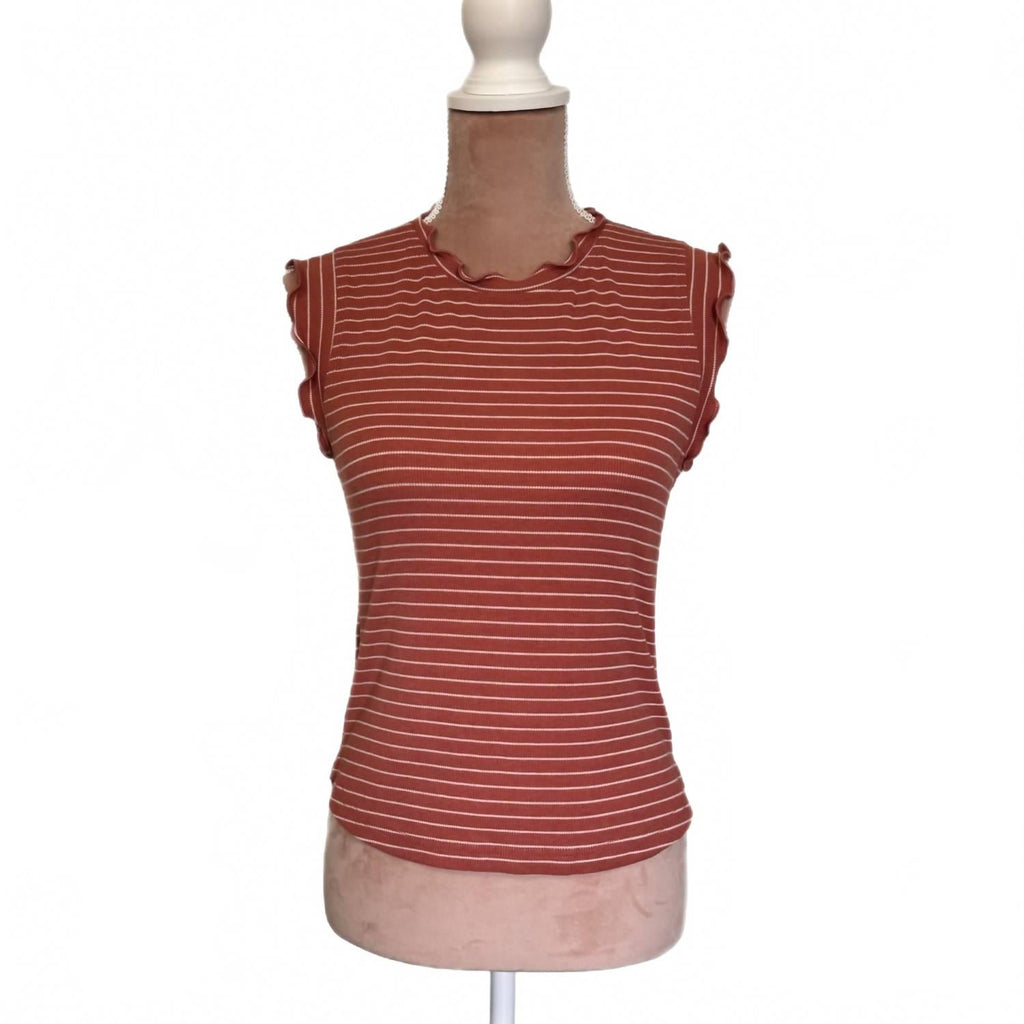 Boho Ribbed Ruffle Trim Striped Tank Top In Terracotta Rust White Stripes