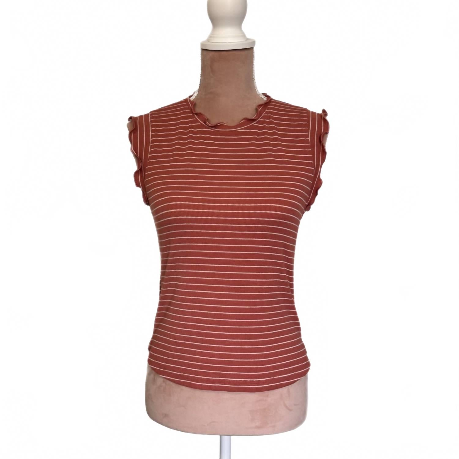 Boho Ribbed Ruffle Trim Striped Tank Top In Terracotta Rust White Stripes